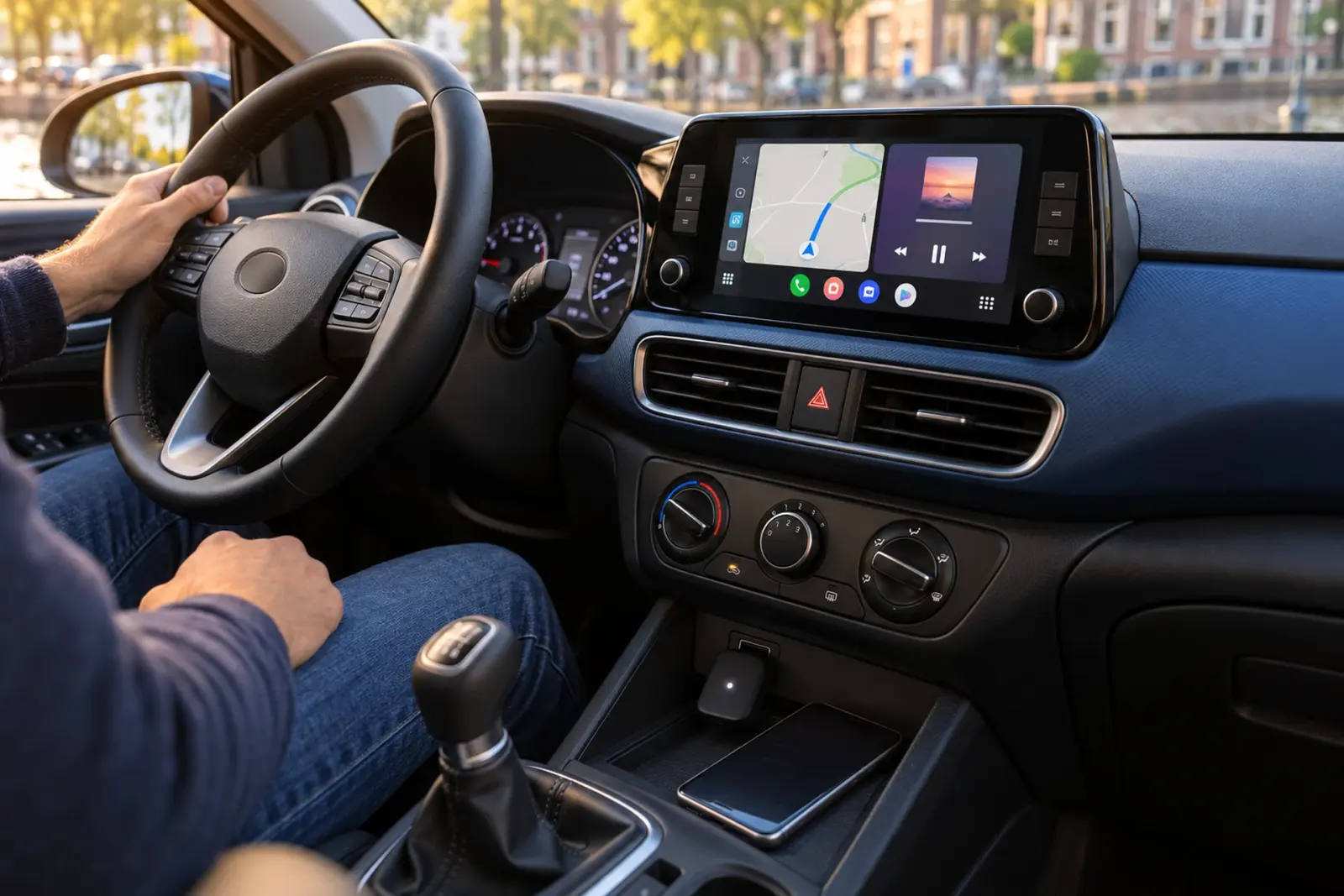 Draadloze Android Auto-adapter in de USB-poort onder het touchscreen van een auto in Leiden