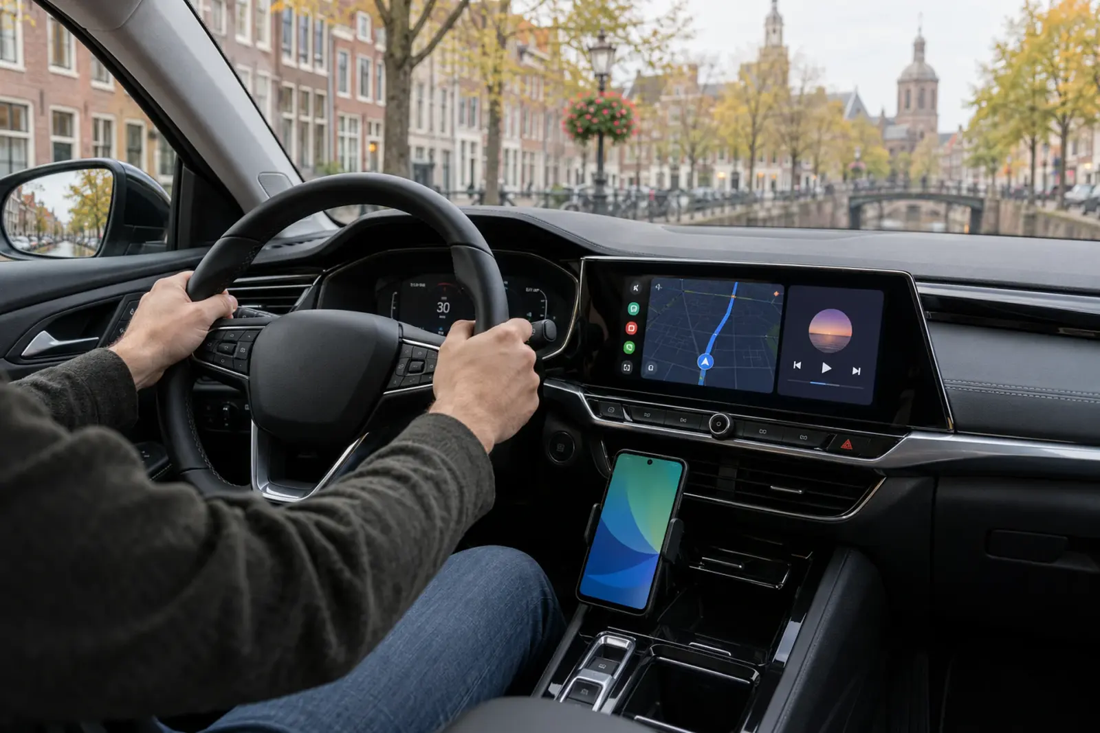 Android Auto bestellen in Leiden: navigatie en muziek op een breed dashboardscherm, telefoon in de houder