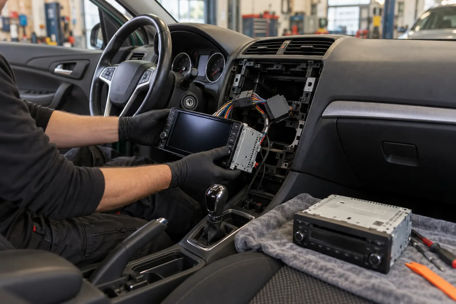 Android Auto radio inbouwen in Leiden: monteur houdt de nieuwe radio voor de lege dashboardopening, de oude radio ligt ernaast