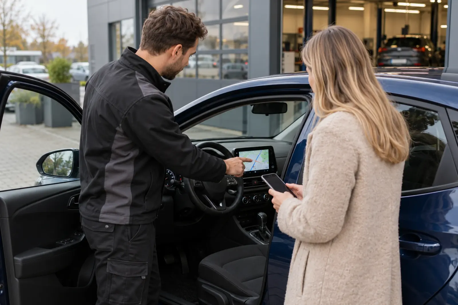 Monteur wijst een klant uit Leiden de bediening van het nieuwe scherm in haar blauwe auto voor de werkplaats