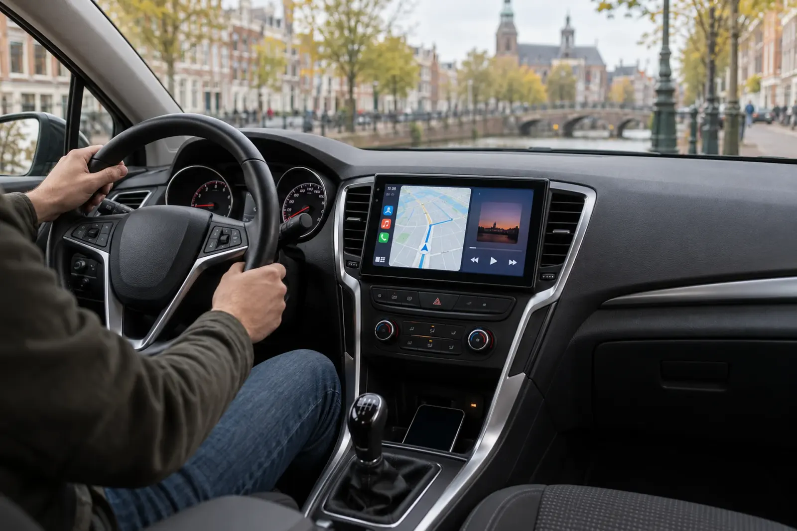 CarPlay bestellen in Leiden: bestuurder navigeert met een ingebouwd CarPlay-scherm langs een Leidse gracht