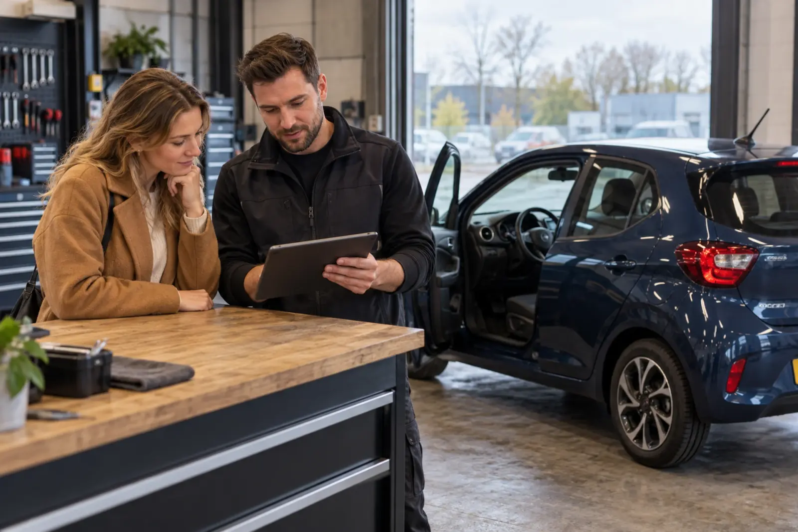 Monteur bespreekt de offerte op een tablet met een klant uit Leiden naast haar blauwe hatchback