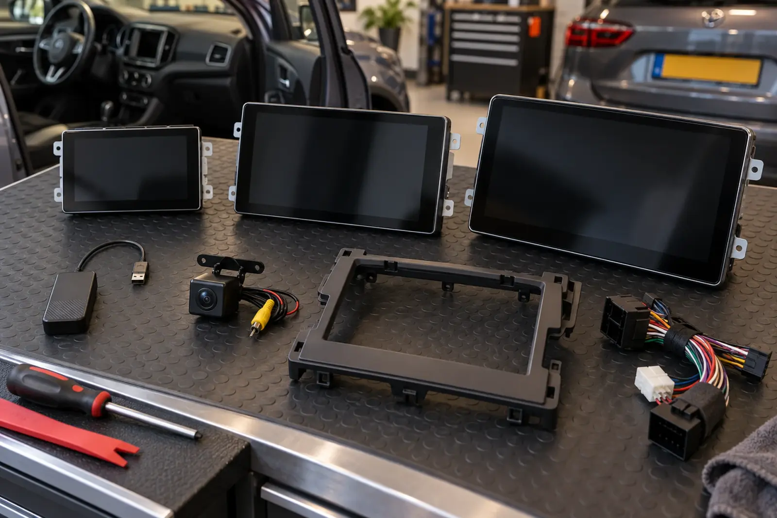 CarPlay prijzen in Leiden: drie schermen, een adapter, een achteruitrijcamera, inbouwframe en kabelboom op de werkbank