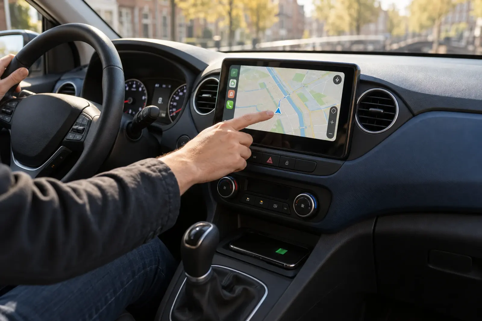 Bestuurder bedient de navigatie op een 9-inch CarPlay-scherm in een auto bij de Leidse grachten