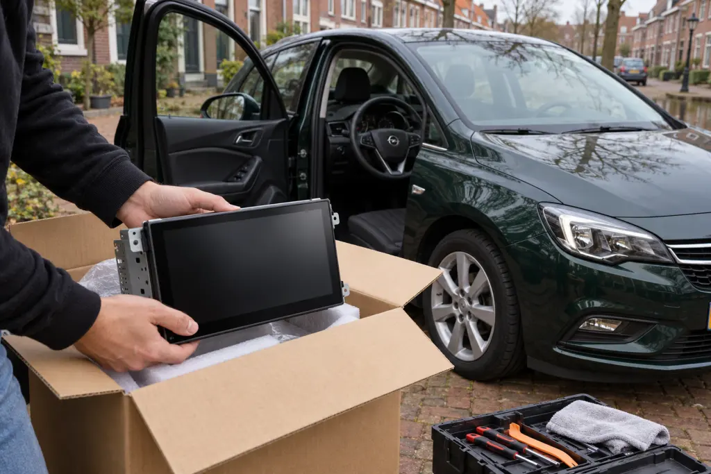 Nieuw 2-DIN CarPlay-scherm wordt uitgepakt naast een groene Opel in een woonstraat in Leiden