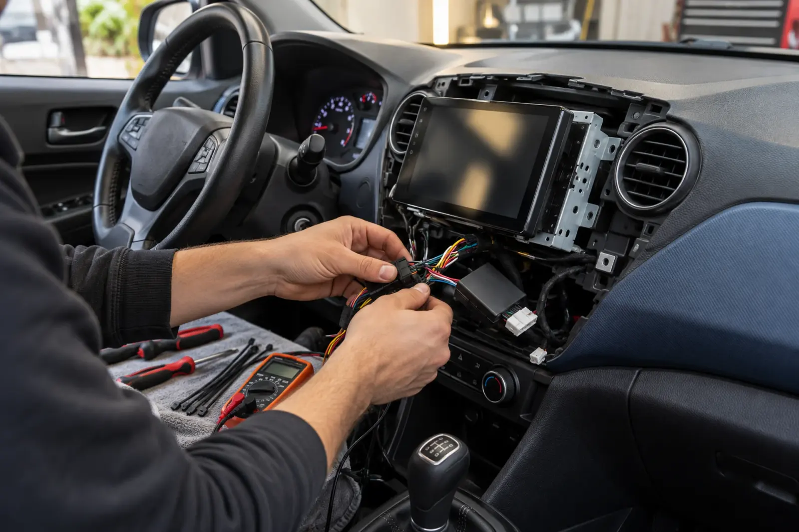 Monteur sluit de kabelboom en de interface aan achter het nieuwe scherm van een auto uit Leiden