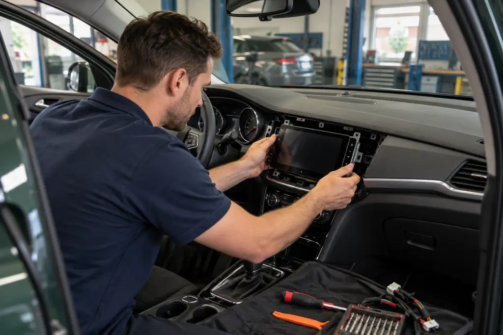 Monteur plaatst een CarPlay-scherm in het dashboard van een auto uit Leiden in de werkplaats van de inbouwpartner